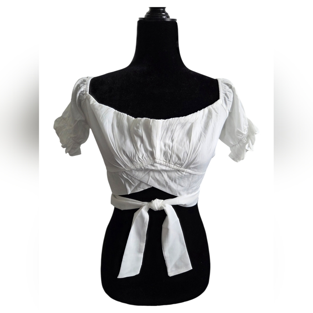Ruffle Short Sleeve Tie Back Summer White Off Shoulder Top Blouse Size XL